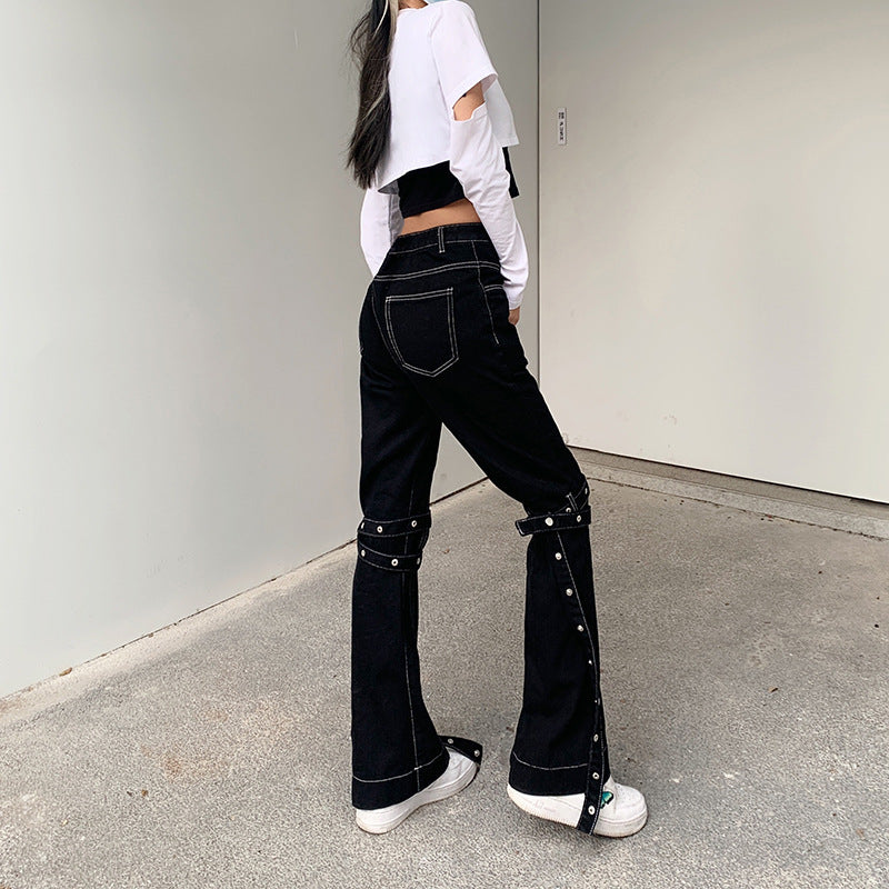 Ariana Vogue Street Style High-Waist Slim Jeans with Buckle Straps