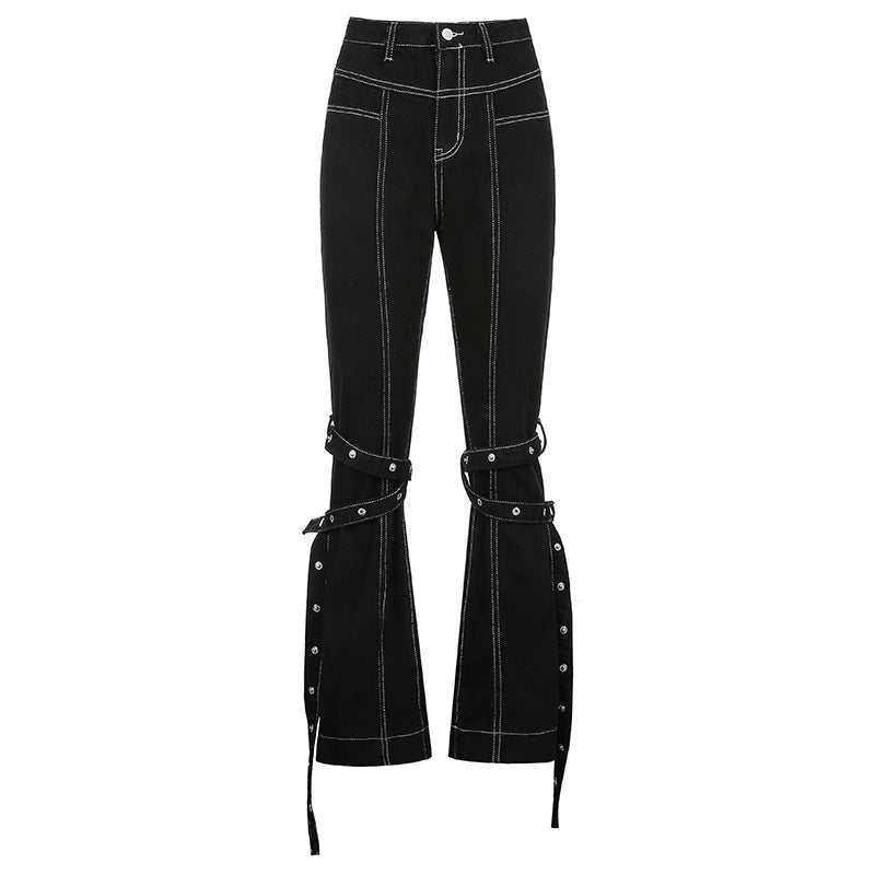 Ariana Vogue Street Style High-Waist Slim Jeans with Buckle Straps