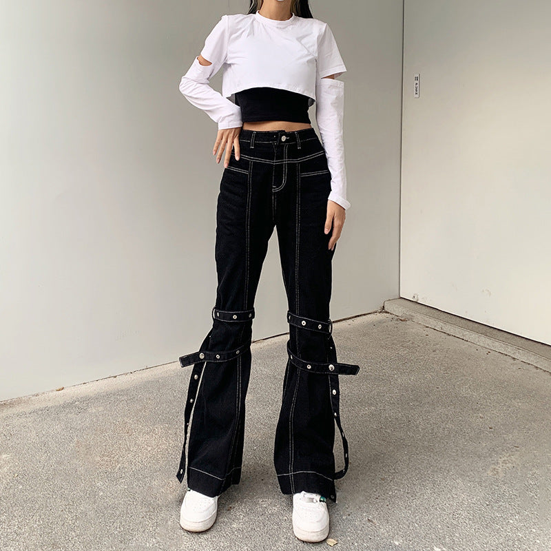 Ariana Vogue Street Style High-Waist Slim Jeans with Buckle Straps