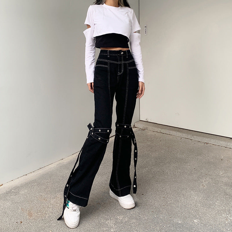 Ariana Vogue Street Style High-Waist Slim Jeans with Buckle Straps