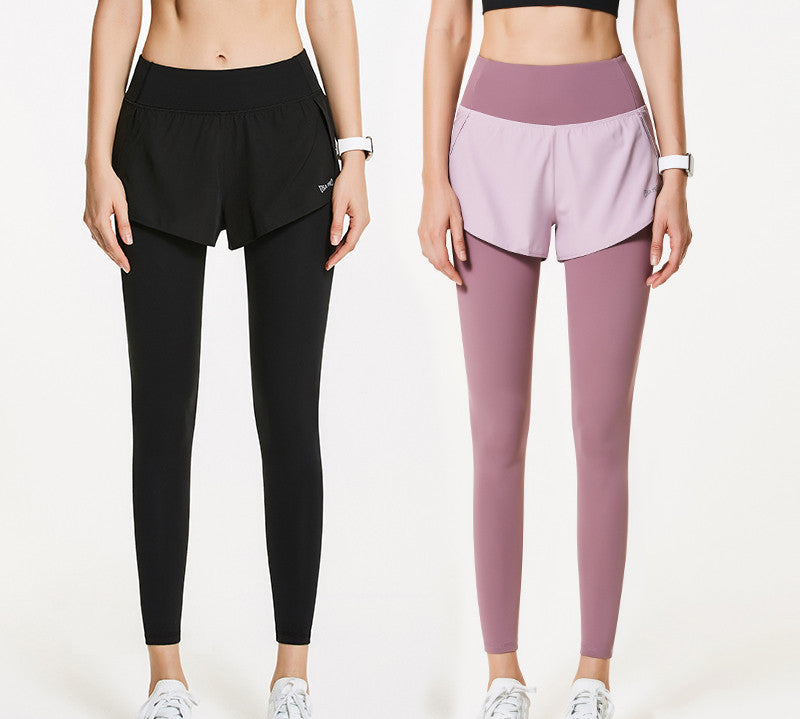 High Waist Quick Drying Fake Two Piece Yoga and Running Leggings with Shorts Overlay