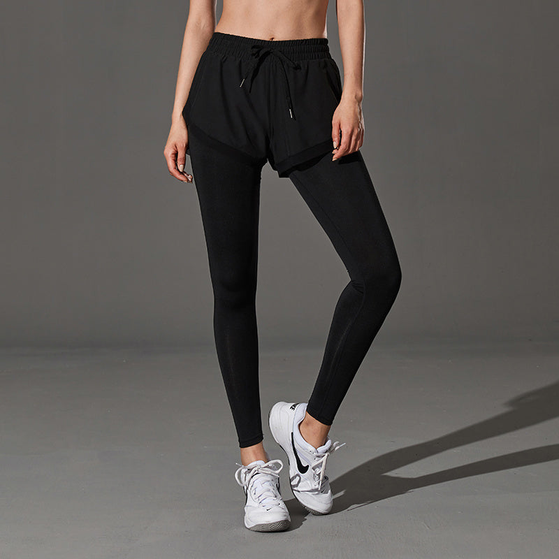 High Waist Quick Drying Fake Two Piece Yoga and Running Leggings with Shorts Overlay