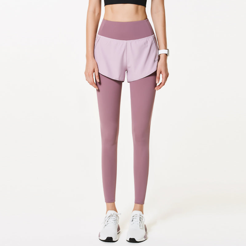 High Waist Quick Drying Fake Two Piece Yoga and Running Leggings with Shorts Overlay