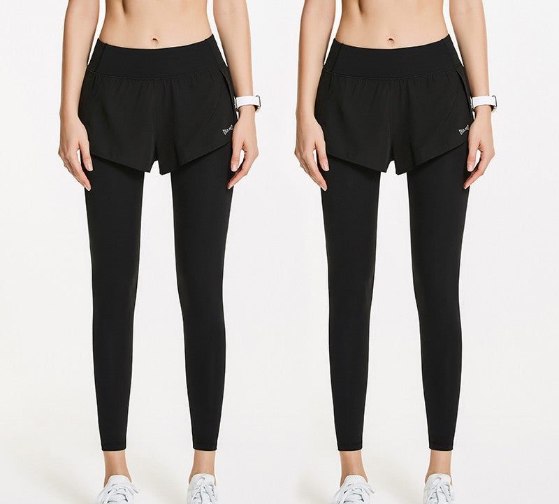 High Waist Quick Drying Fake Two Piece Yoga and Running Leggings with Shorts Overlay