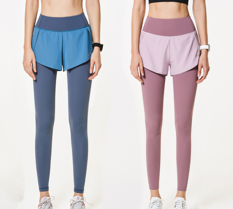 High Waist Quick Drying Fake Two Piece Yoga and Running Leggings with Shorts Overlay