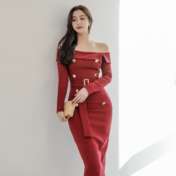 Elegant Off-Shoulder Long Sleeve Midi Dress with Gold Button Accents and Waist Belt
