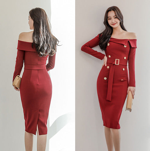 Elegant Off-Shoulder Long Sleeve Midi Dress with Gold Button Accents and Waist Belt