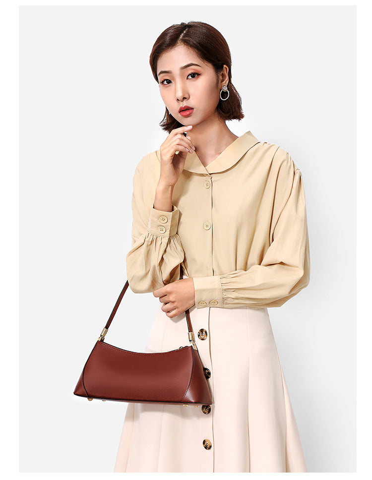 Chic Fashionable Two-Layer Cowhide Leather Underarm Baguette Shoulder Bag