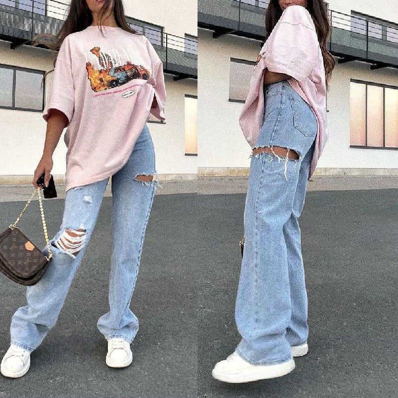 Chic Ripped High-Rise Straight Jeans
