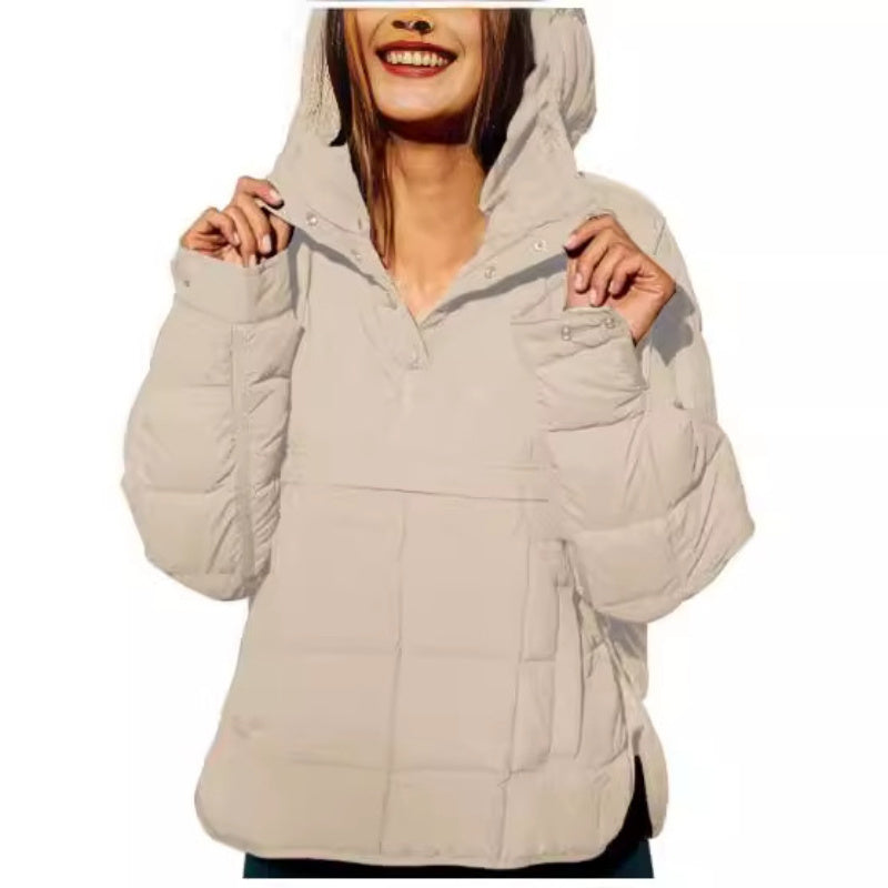 Relaxed Fit Quilted Hooded Long Sleeve Pullover Snap Button Top