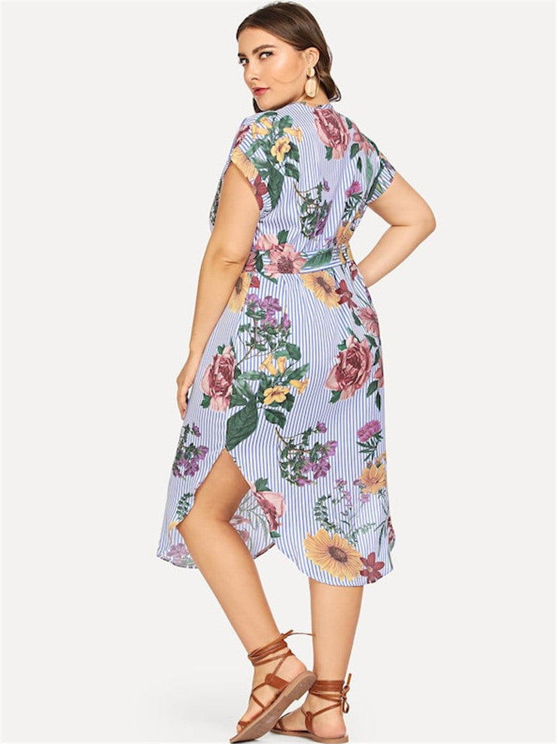 Effortlessly Chic Floral Striped V Neck Midi Dress with Tie Waist