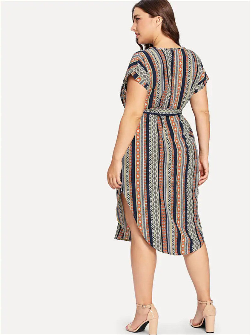 Effortlessly Chic Floral Striped V Neck Midi Dress with Tie Waist