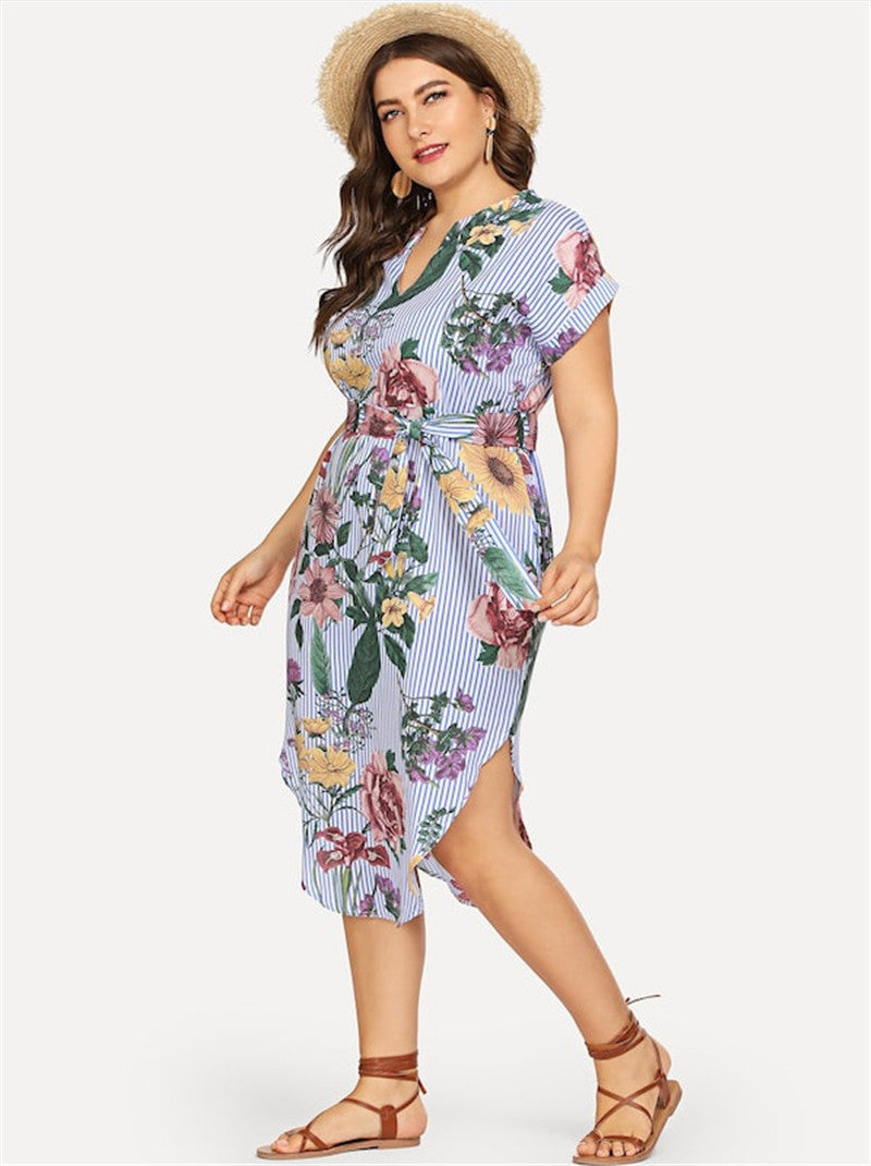 Effortlessly Chic Floral Striped V Neck Midi Dress with Tie Waist