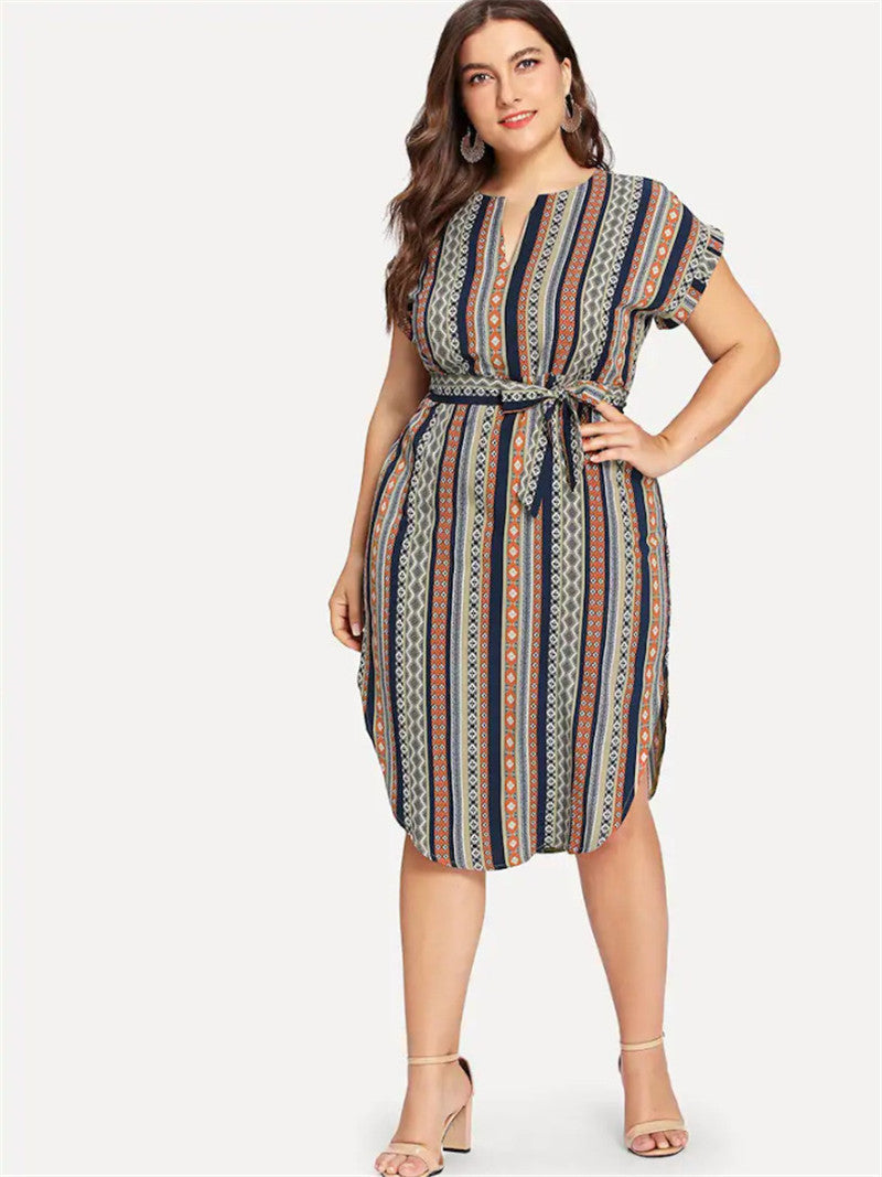 Effortlessly Chic Floral Striped V Neck Midi Dress with Tie Waist