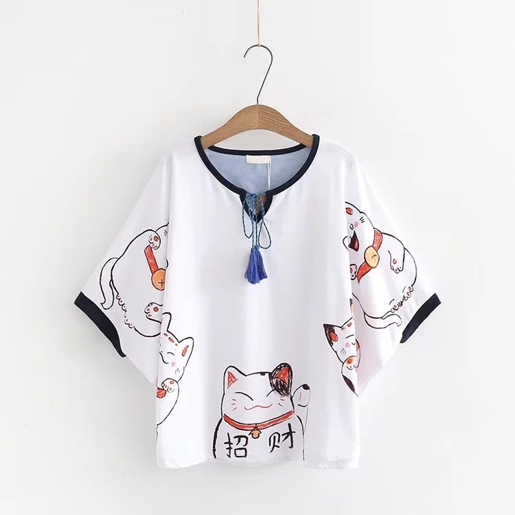 Lucky Cat Harajuku Style T-Shirt - Japanese Inspired Women's Top