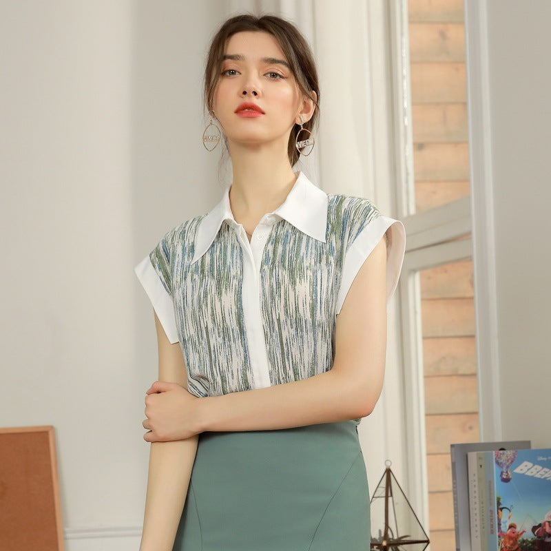 Elegant Womens Sleeveless Chiffon Collared Blouse with Artistic Raindrop Pattern