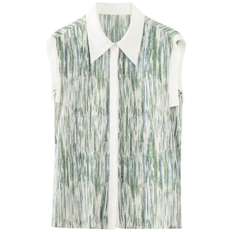 Elegant Womens Sleeveless Chiffon Collared Blouse with Artistic Raindrop Pattern