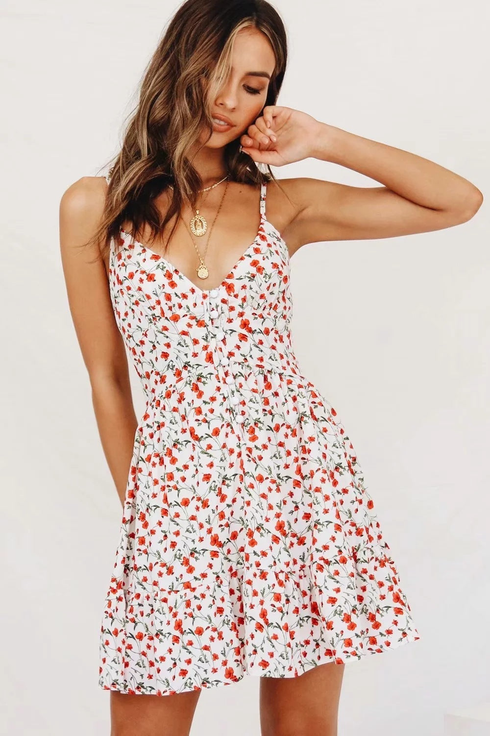 Chic Floral Print V-Neck Mini Dress - Summer Spaghetti Strap A-Line Sundress