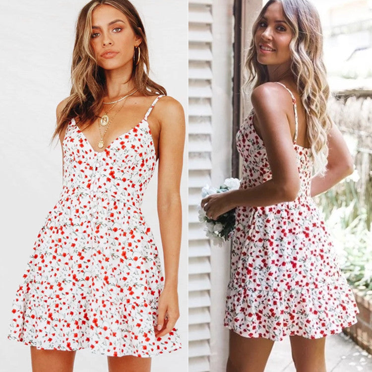 Chic Floral Print V-Neck Mini Dress - Summer Spaghetti Strap A-Line Sundress
