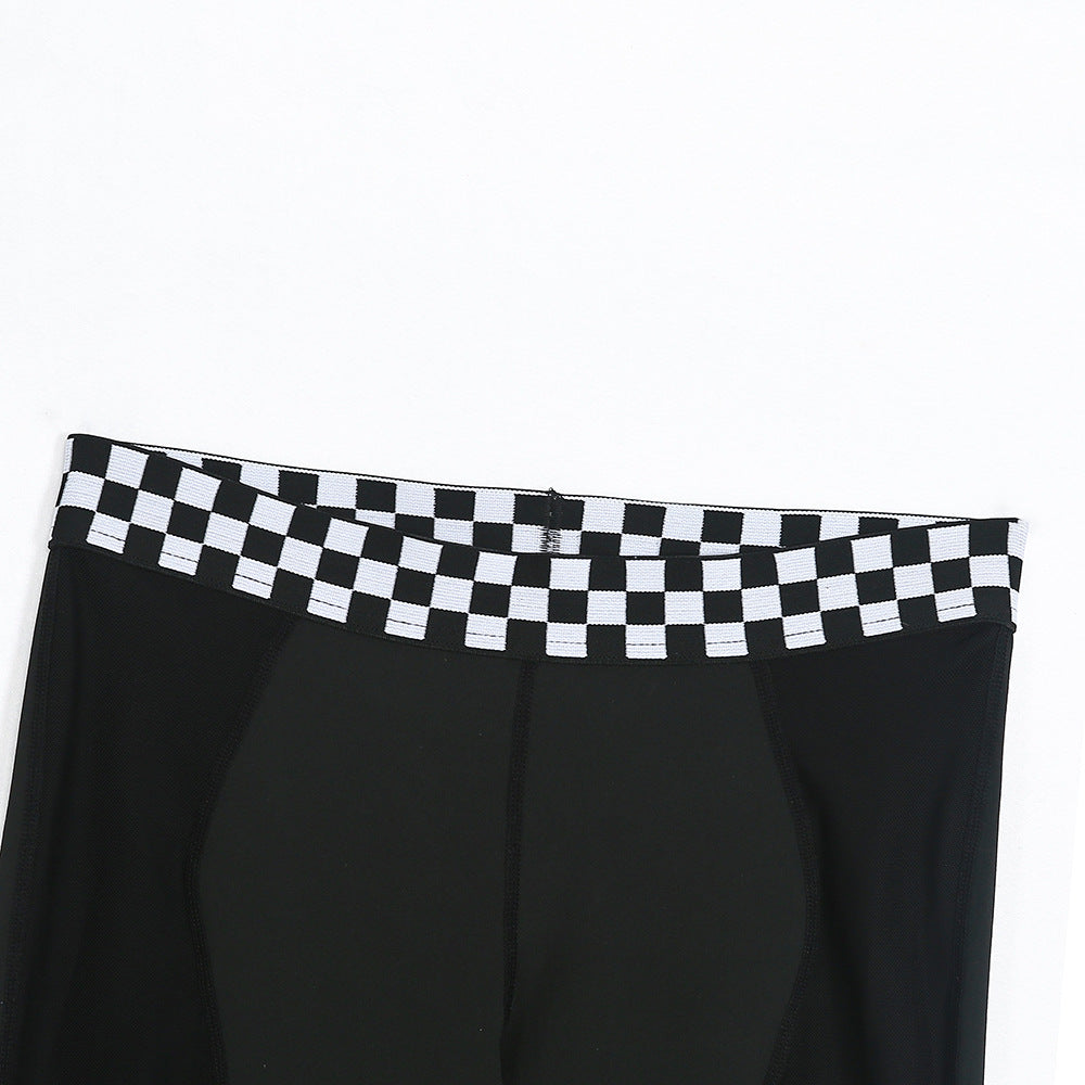 High-Waist Mesh Panel Active Yoga Leggings with Checkered Waistband