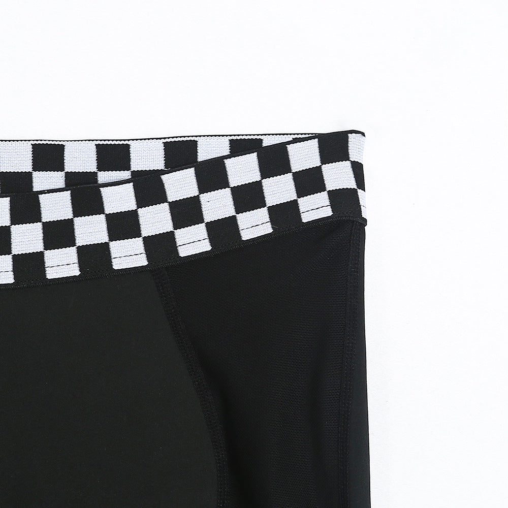 High-Waist Mesh Panel Active Yoga Leggings with Checkered Waistband