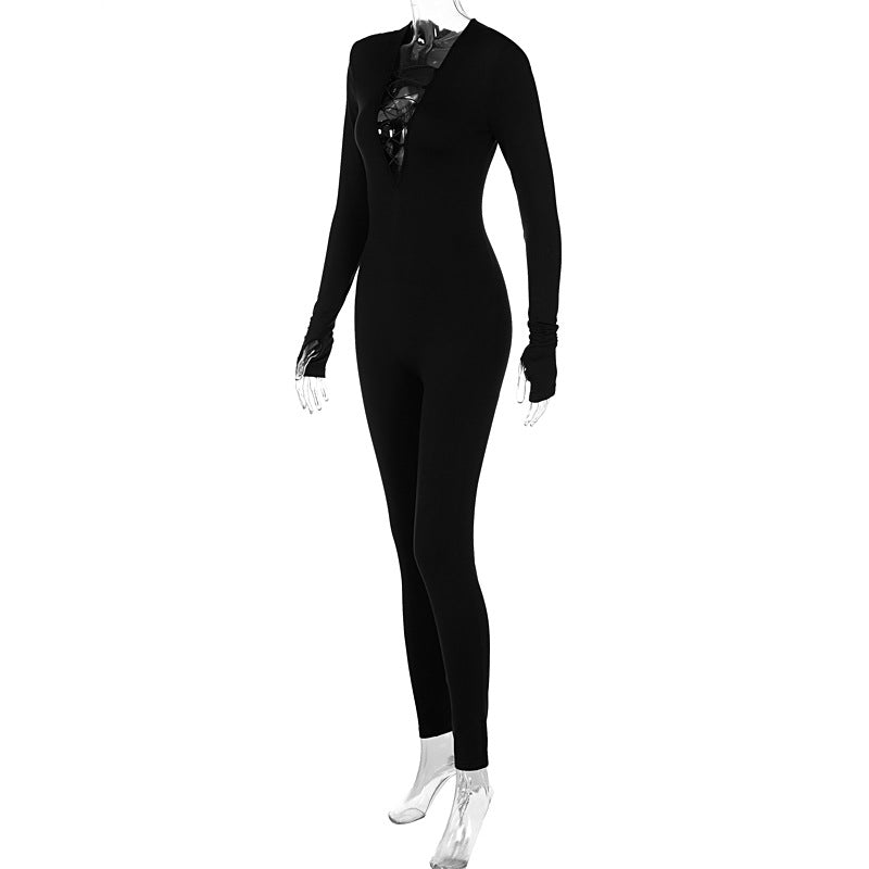 Sleek Bodycon Long Sleeve Deep V Neck Lace Up Jumpsuit for Dynamic Style