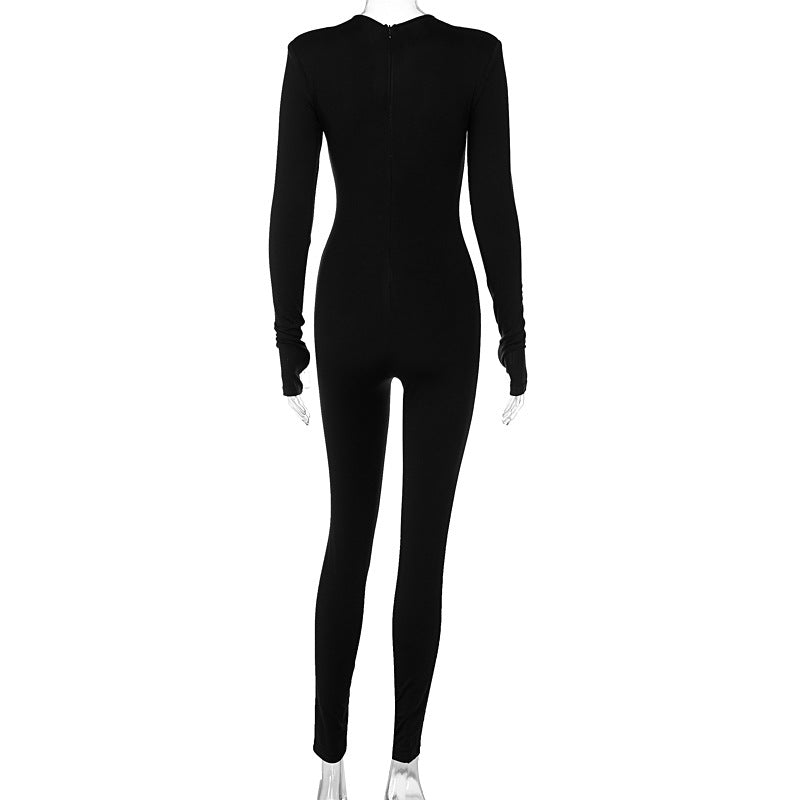 Sleek Bodycon Long Sleeve Deep V Neck Lace Up Jumpsuit for Dynamic Style