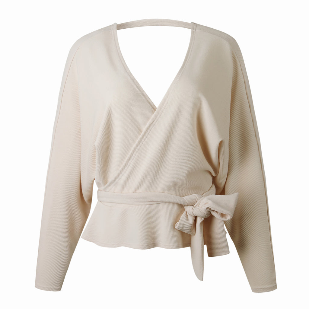 Elegant V-Neck Crossover Knit Wrap Top with Tie Waist