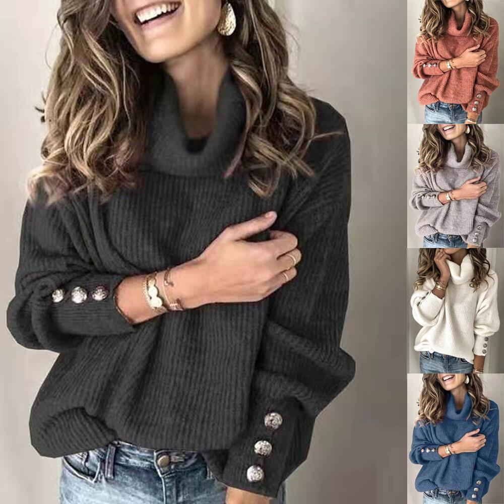 Ribbed Button Cuff Turtleneck Sweater