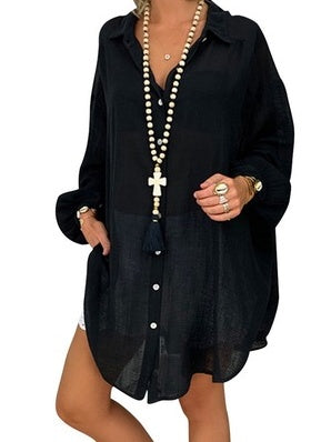 Relaxed Fit Cotton Blend Tunic Blouse - Casual Long Sleeve Shirt