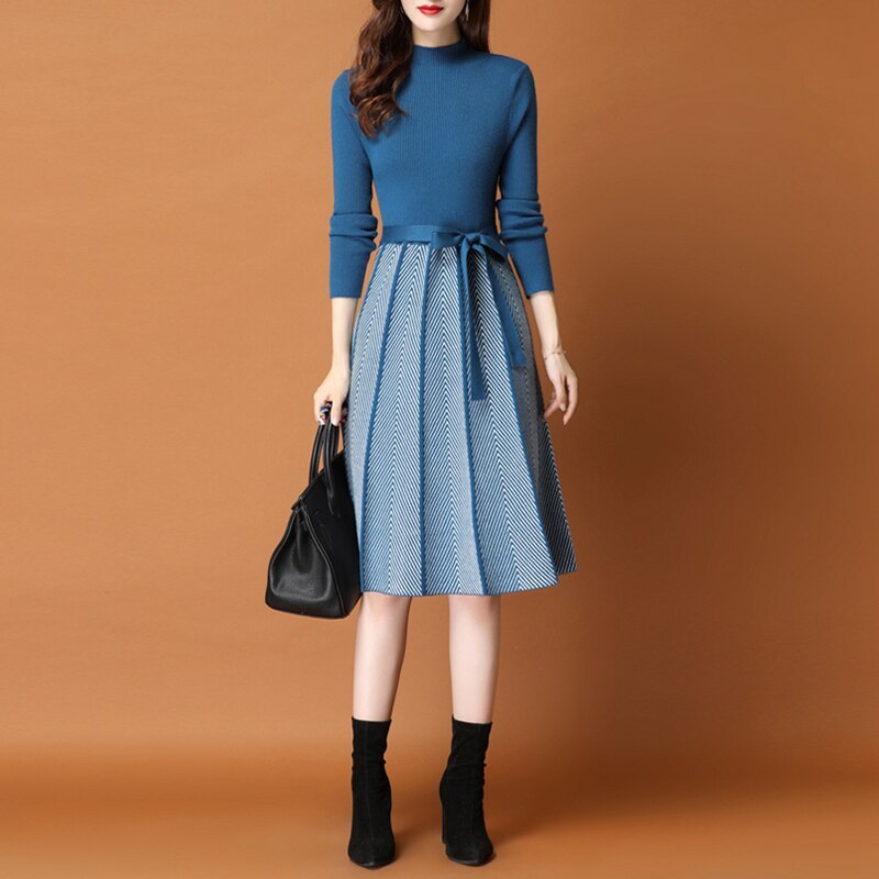 Elegant Mock Neck Knit Dress with Pleated Midi Skirt and Tie Waist