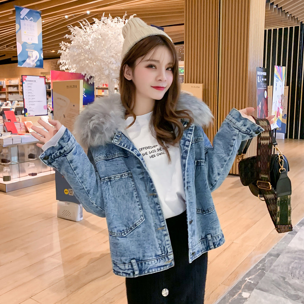 Chic Casual Denim Jacket with Plush Faux Fur Collar and Stylish Back Detail