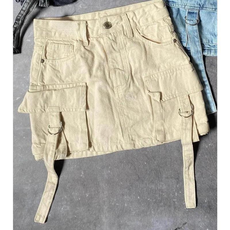 Trendy Y2K Washed Denim Mini Skirt with Utility Pockets