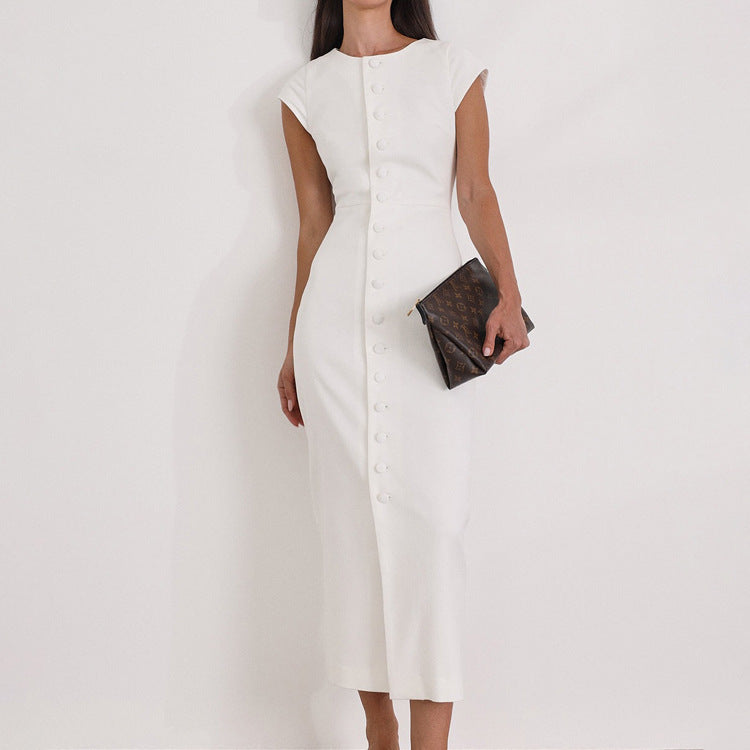Elegant White Button-Front Sheath Midi Dress