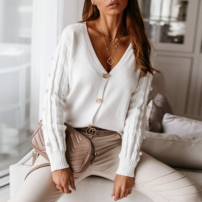 Chic V Neck Cable Knit Cardigan Sweater with Unique Pom Pom Sleeves and Gold Buttons