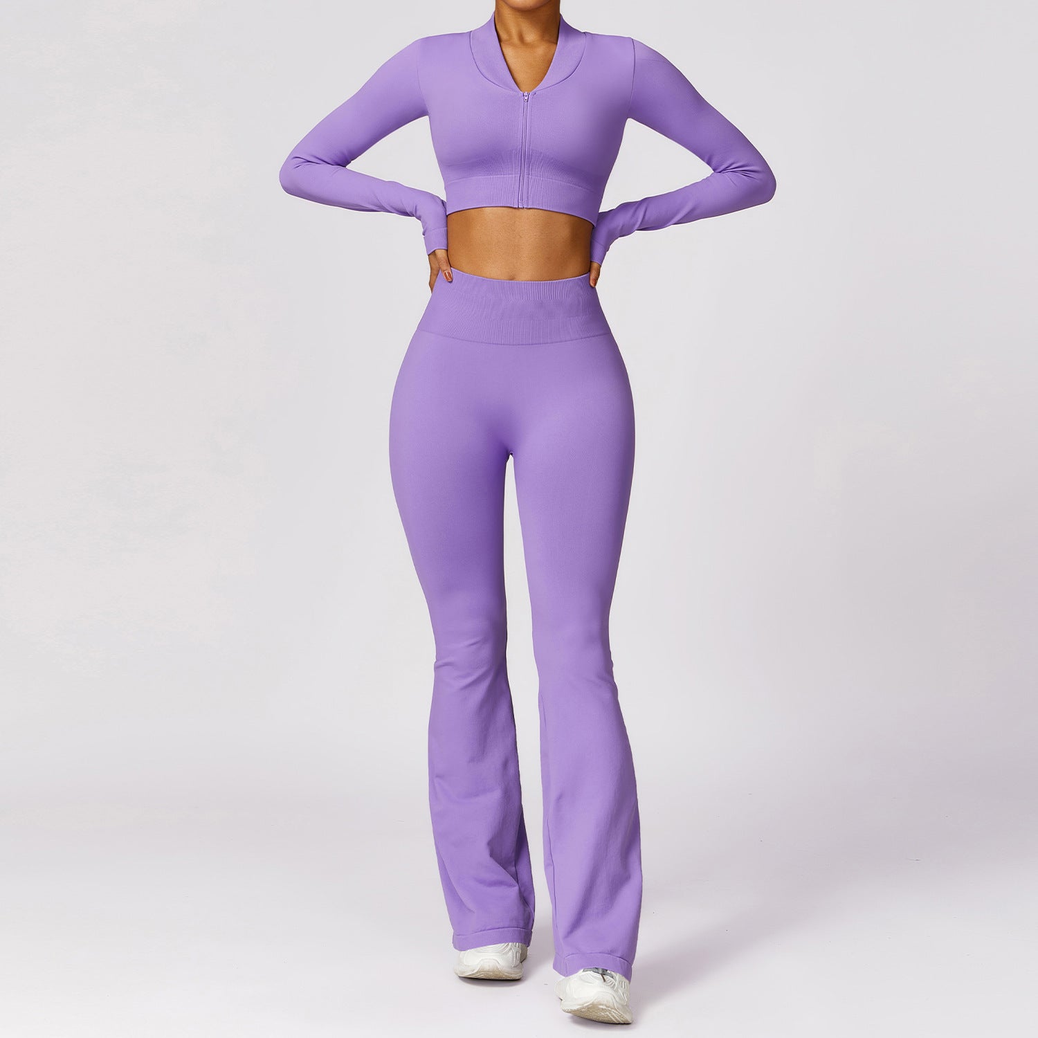 Seamless Ribbed Long Sleeve Crop Top and Flare Leggings Activewear Set