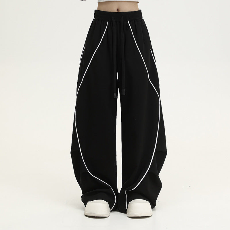 Women's Black Striped Wide-Leg Sporty Track Pants