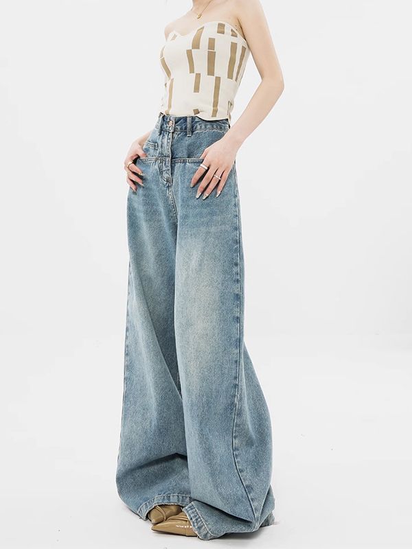 Women's Retro Washed Wide-Leg Baggy Jeans - Relaxed Fit
