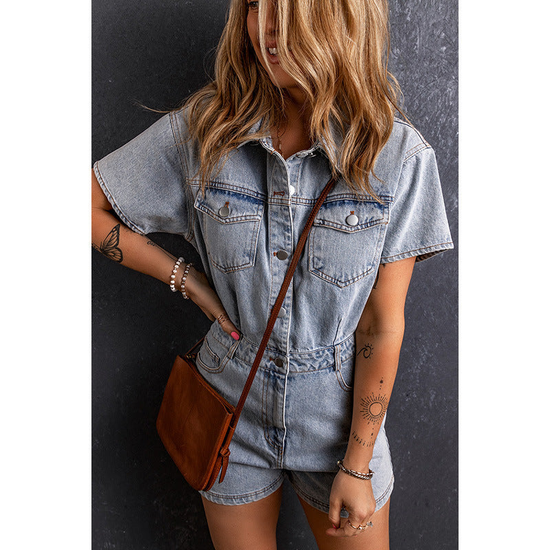 Retro Washed Denim Short Sleeve Romper Jumpsuit Casual One Piece for Women
