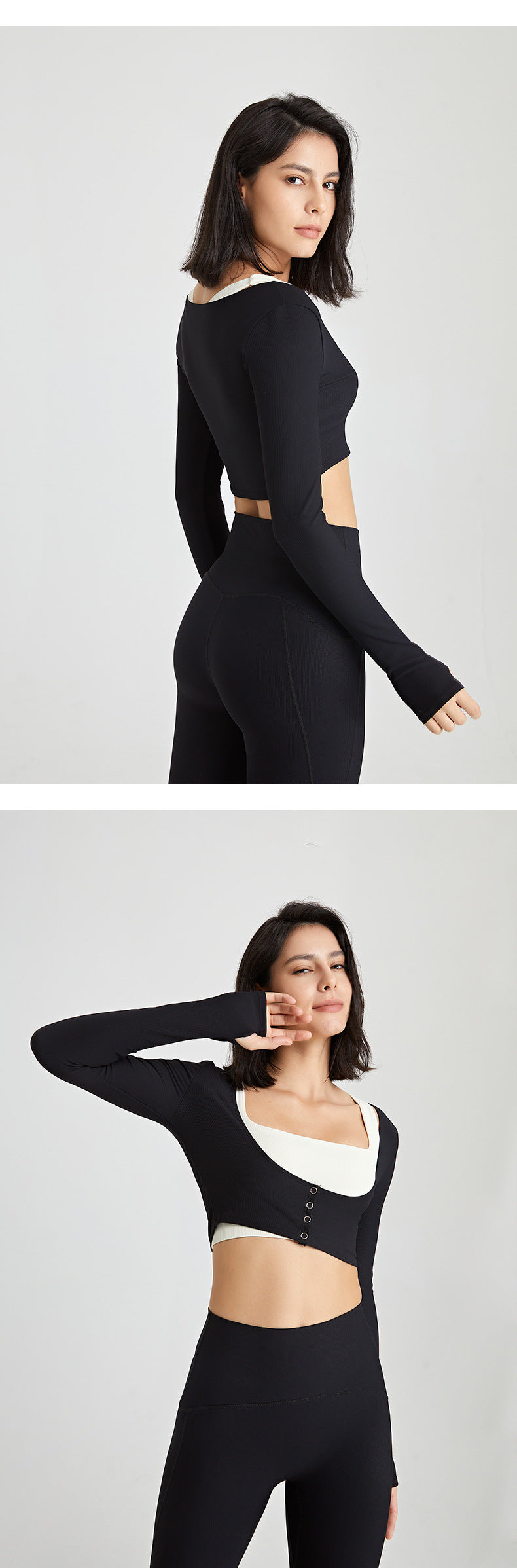Women's Ribbed Long Sleeve Fitness Crop Top with Button Detail and Thumbholes