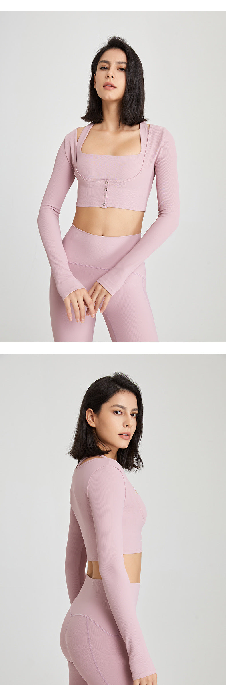 Women's Ribbed Long Sleeve Fitness Crop Top with Button Detail and Thumbholes