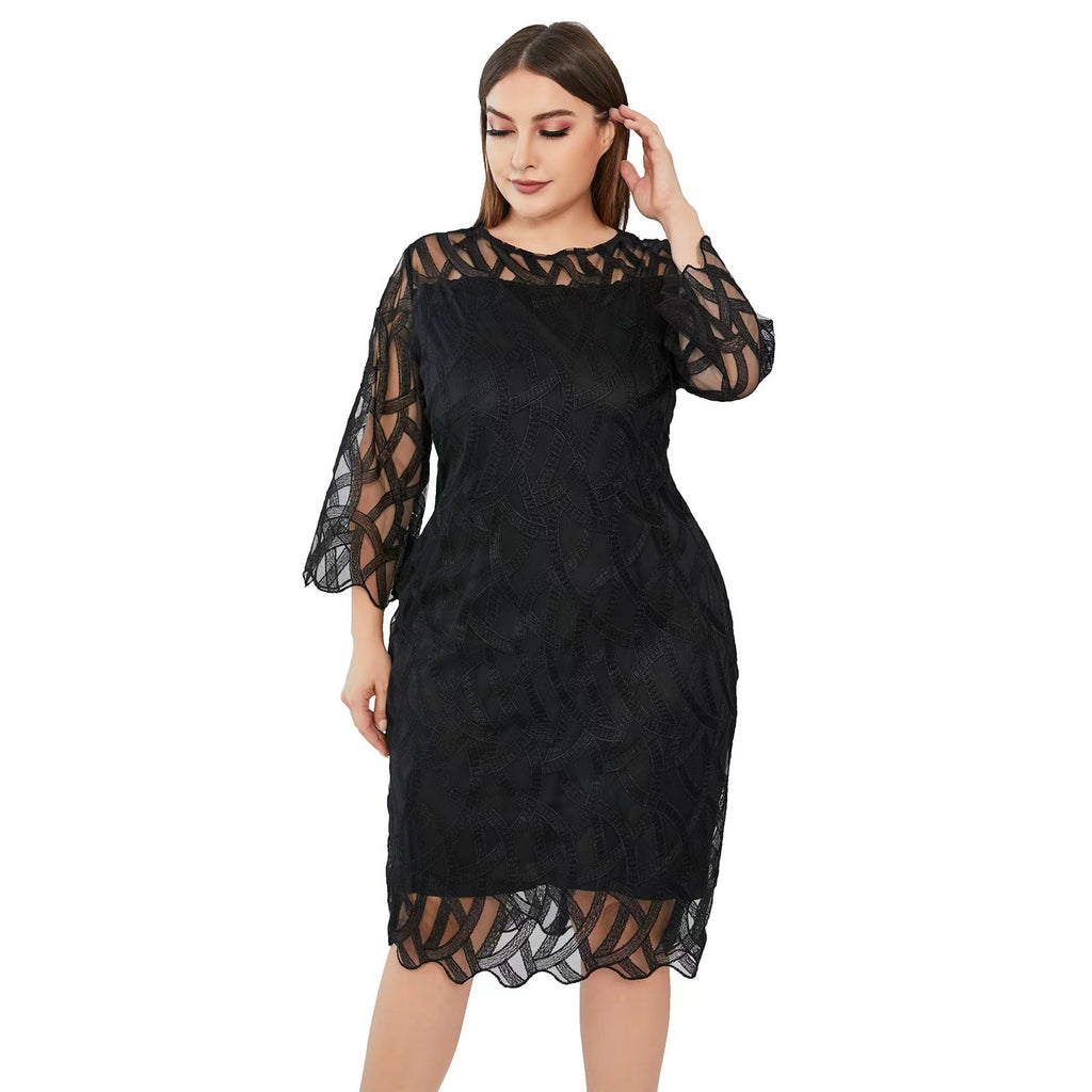 Plus Size Embroidered Lace Dress - Elegant Midi Style
