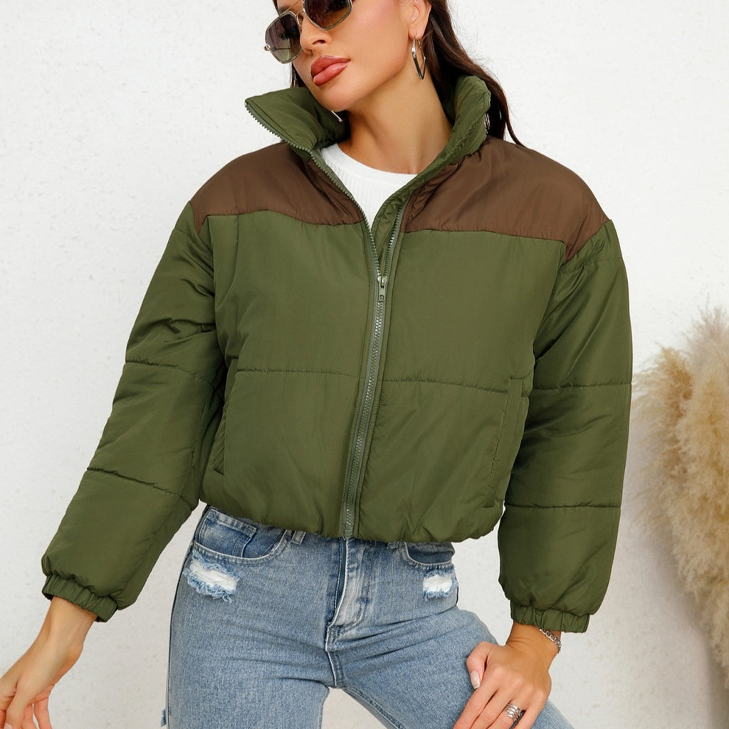 Chic Two Tone Cropped Puffer Jacket with Stand Collar and Functional Pockets