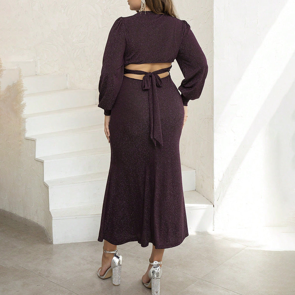 Elegant V-Neck Long Sleeve Shimmer Maxi Dress for Plus Sizes