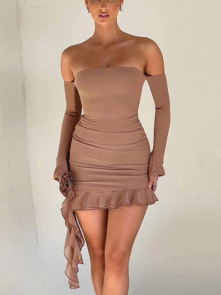 Sleek Off Shoulder Ruffled Tube Top Mini Dress with Asymmetric Hem