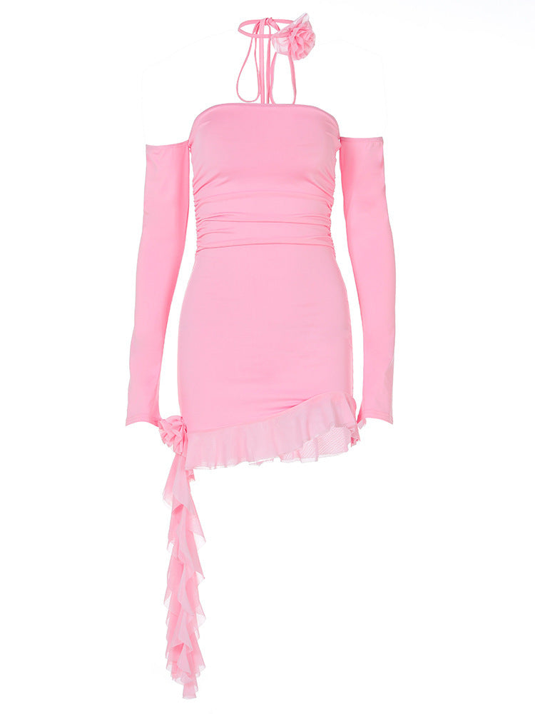 Sleek Off Shoulder Ruffled Tube Top Mini Dress with Asymmetric Hem