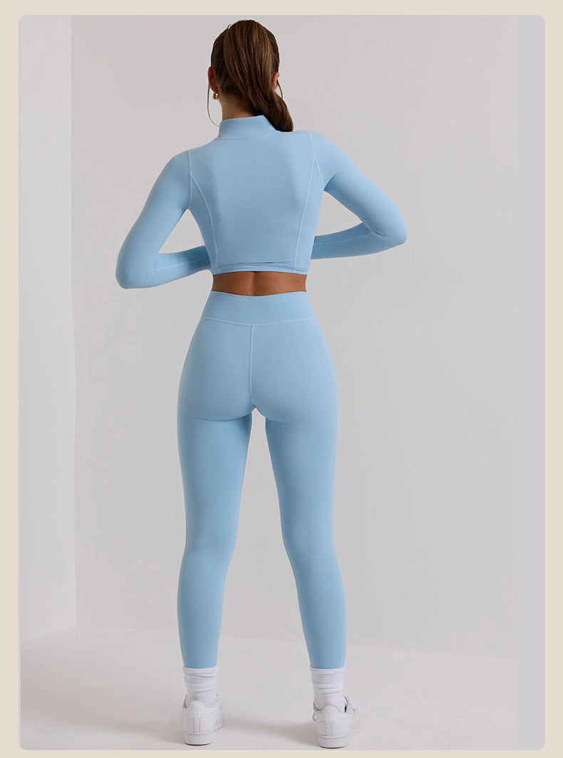 Comfortable Long Sleeve Workout Zip Up Top and High Waisted Leggings Set for Women