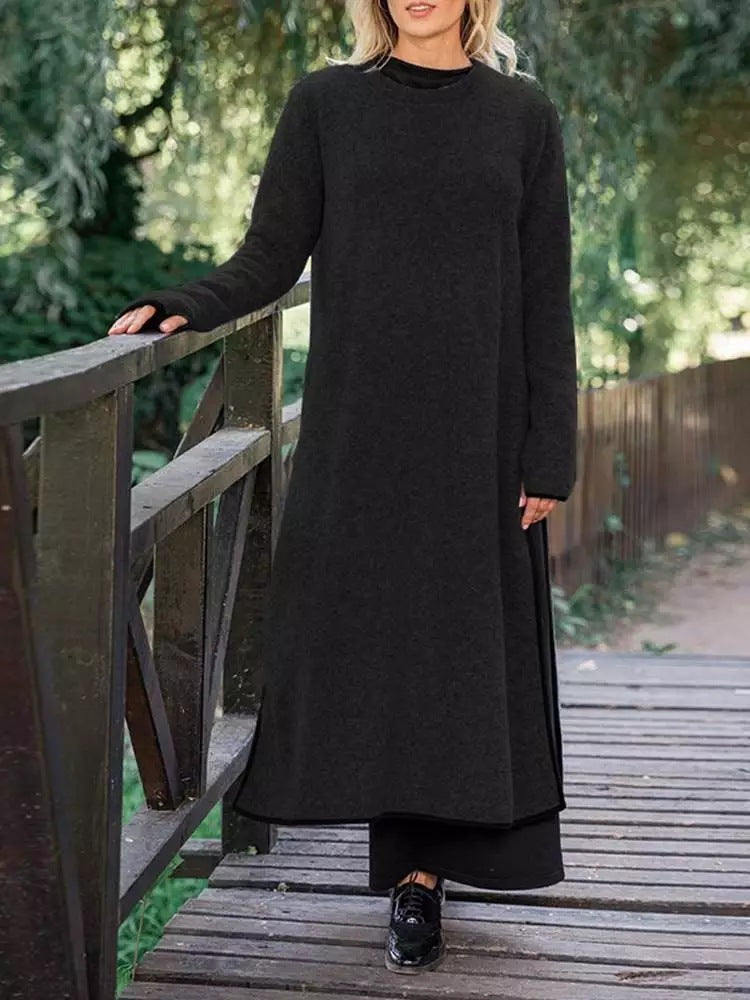 Relaxed Fit Long Sleeve Knit Maxi Dress with Side Slits