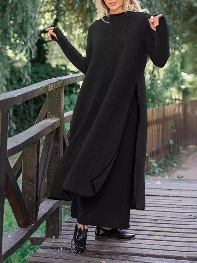 Relaxed Fit Long Sleeve Knit Maxi Dress with Side Slits