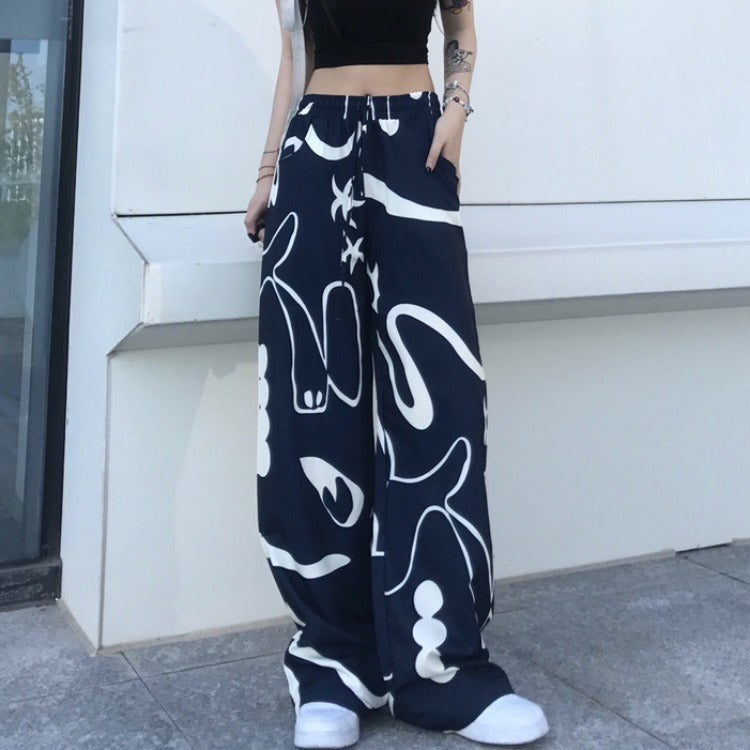 Vintage Graffiti Print Loose Wide-Leg Pants